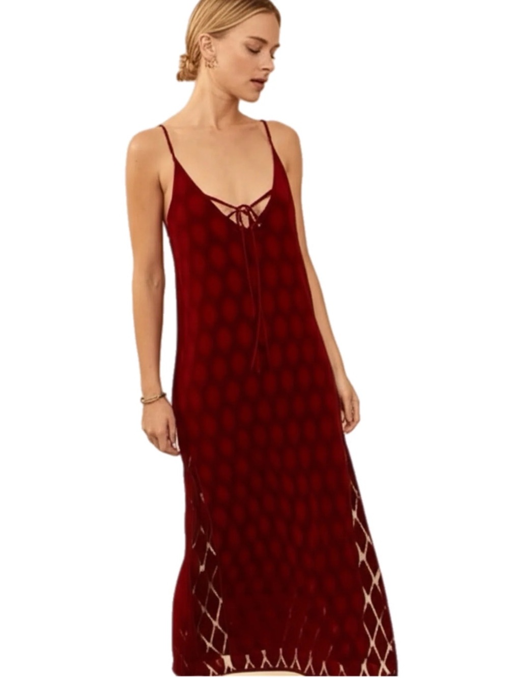 007. Women’s Burgundy Maxi Slip Dress with Lace-Up Neckline